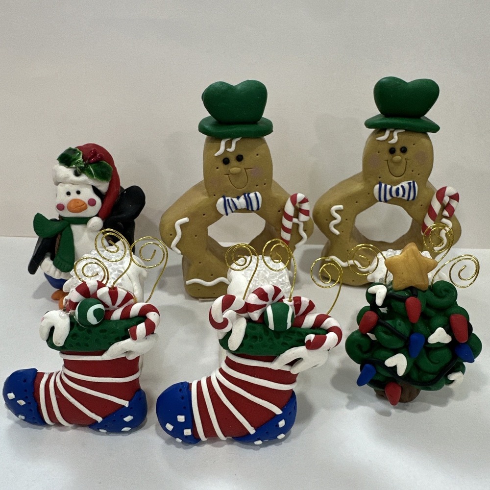 Vtg Christmas Napkin Rings Lot of 6 Handmade Clay Dough Table Decor